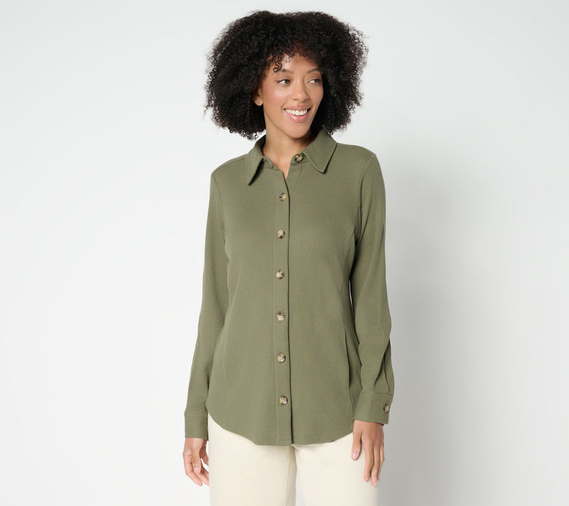 Belle by Kim Gravel Petite Waffle Knit & Jersey Button Front Top — View 18