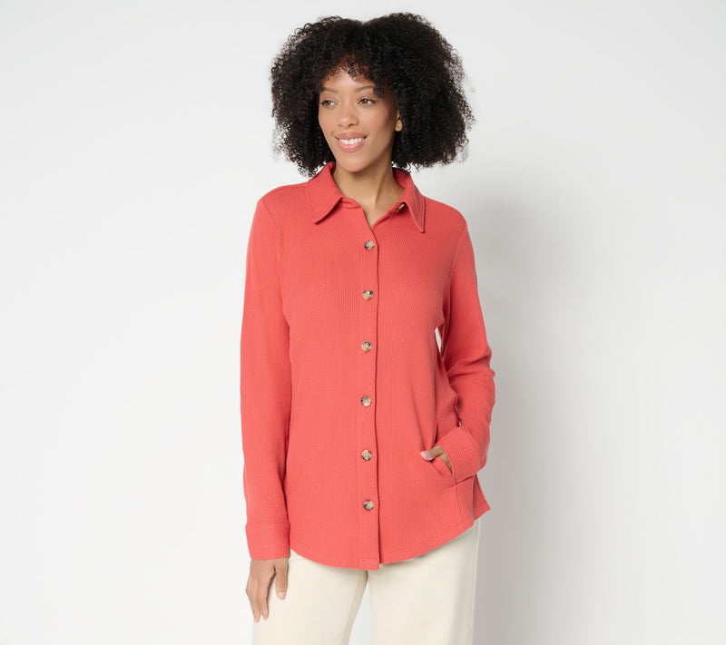 Belle by Kim Gravel Petite Waffle Knit & Jersey Button Front Top — Main view