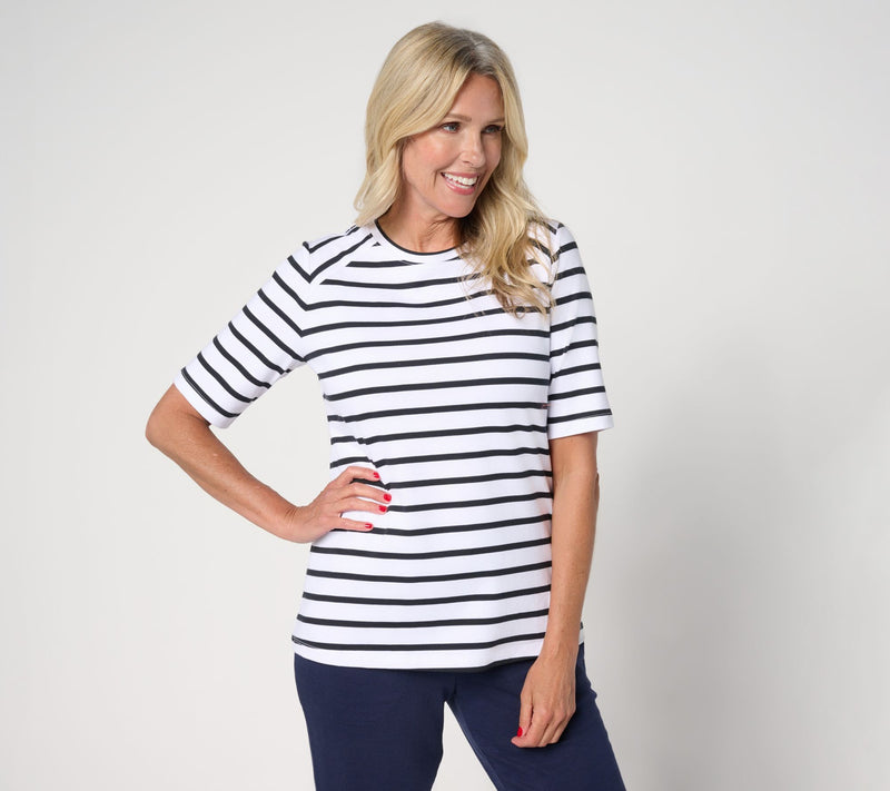Denim & Co. Perfect Jersey Elbow Sleeve Crew Neck Striped Top — View 13