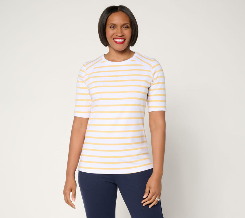 Denim & Co. Perfect Jersey Elbow Sleeve Crew Neck Striped Top — View 17