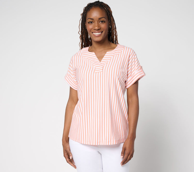 Denim & Co. Favorite Jersey Dolman Sleeve Split Neck Striped Top — View 5