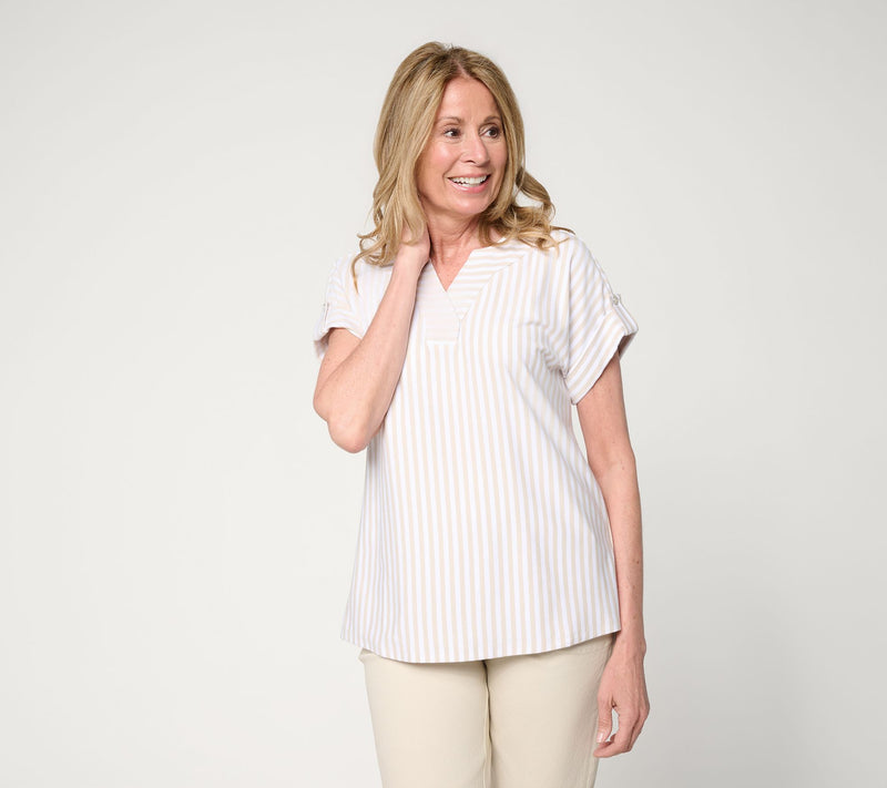 Denim & Co. Favorite Jersey Dolman Sleeve Split Neck Striped Top — View 14