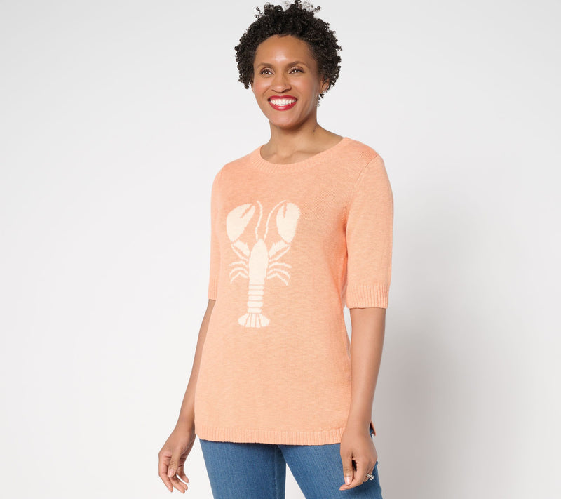 Denim & Co. Patterned Elbow Sleeve Crew Neck Sweater — View 9