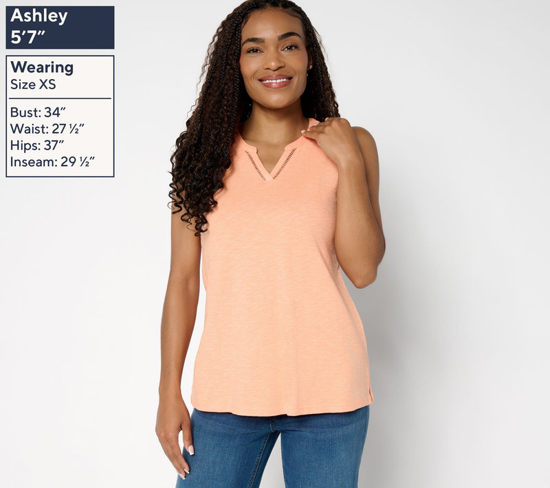 Denim & Co. Slub Jersey Lattice Trim Split Neck Tank — View 3