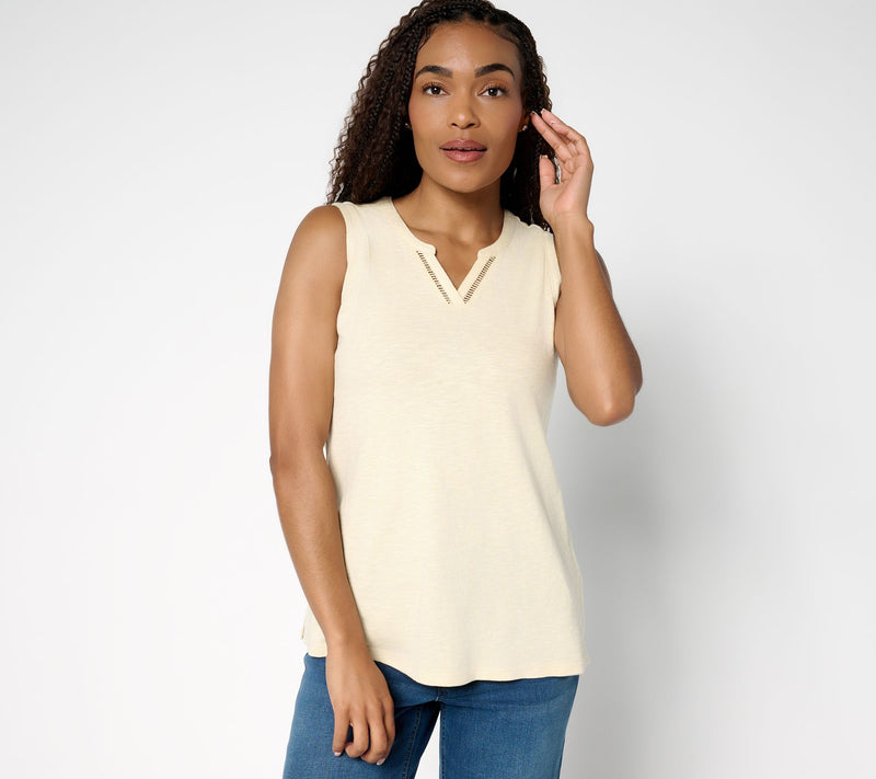 Denim & Co. Slub Jersey Lattice Trim Split Neck Tank — View 11