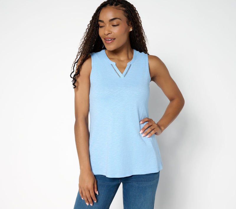 Denim & Co. Slub Jersey Lattice Trim Split Neck Tank — View 12