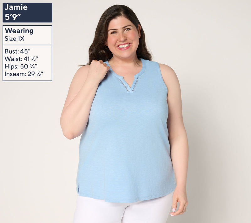 Denim & Co. Slub Jersey Lattice Trim Split Neck Tank — View 2