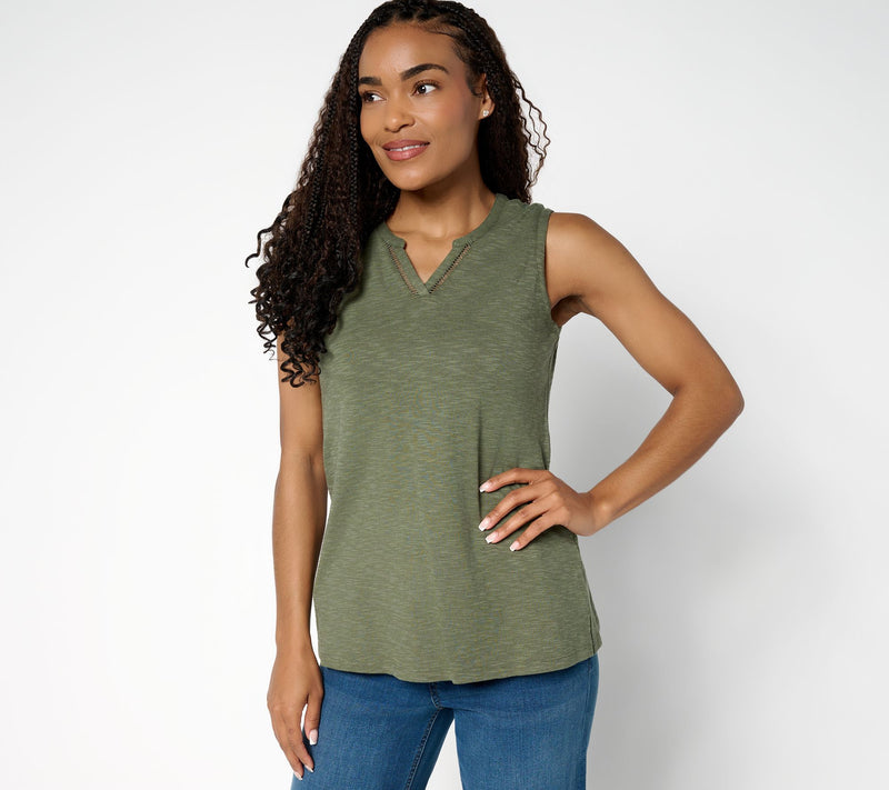 Denim & Co. Slub Jersey Lattice Trim Split Neck Tank — View 13