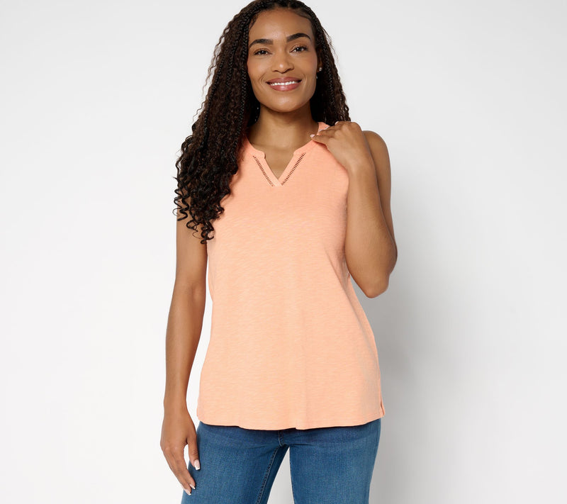 Denim & Co. Slub Jersey Lattice Trim Split Neck Tank — View 14
