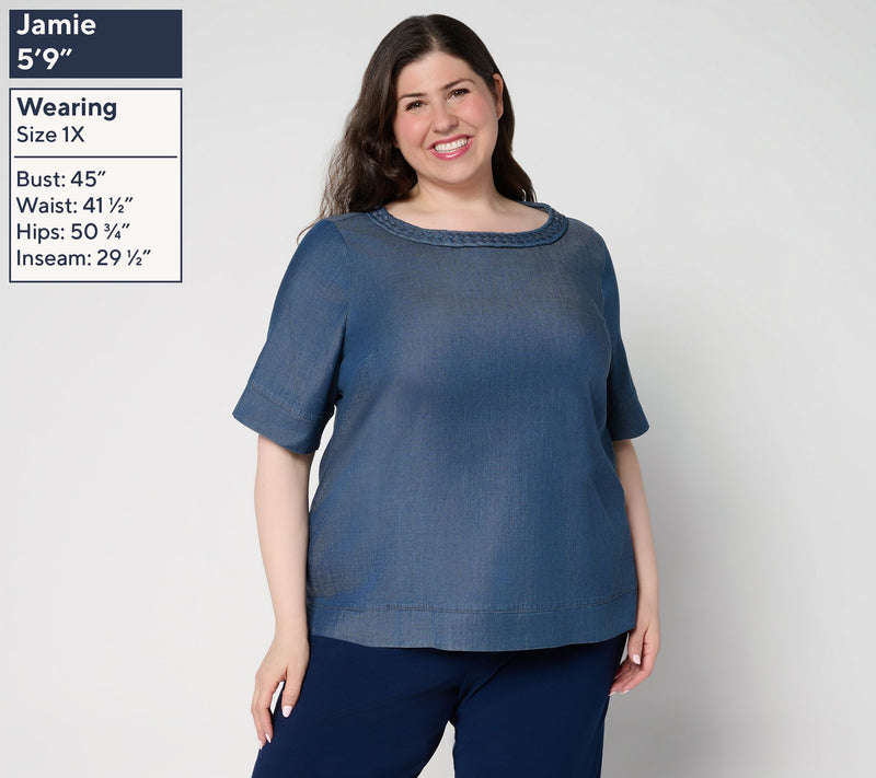 Susan Graver Stretch Chambray Bateau Neck Top — View 2