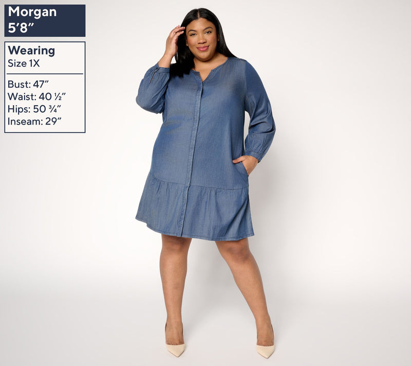 Susan Graver Stretch Chambray Button Front Dress — View 2