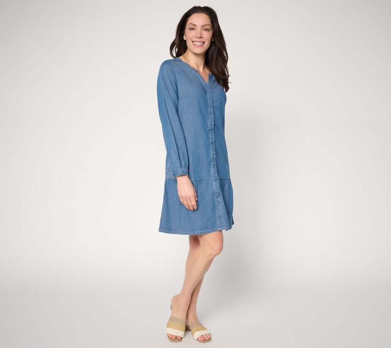 Susan Graver Stretch Chambray Button Front Dress — View 9