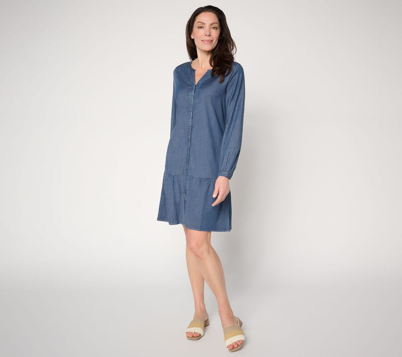Susan Graver Stretch Chambray Button Front Dress — View 10