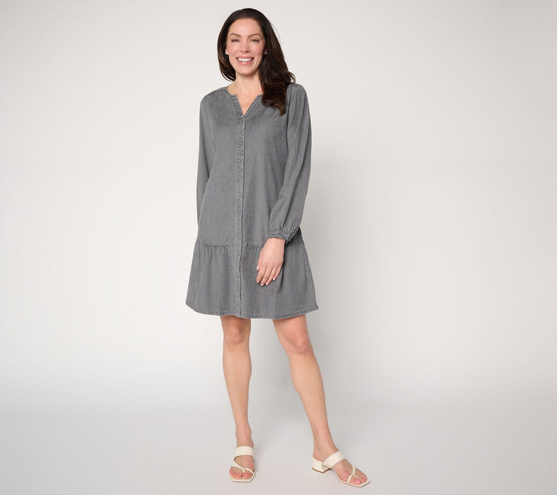 Susan Graver Stretch Chambray Button Front Dress — View 11