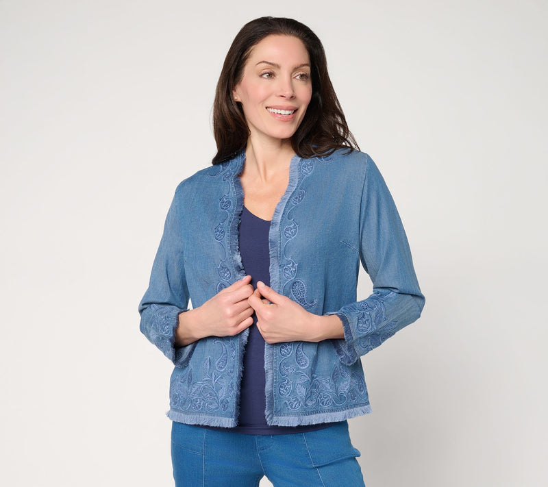 Susan Graver Stretch Chambray Embroidered Topper — Main view