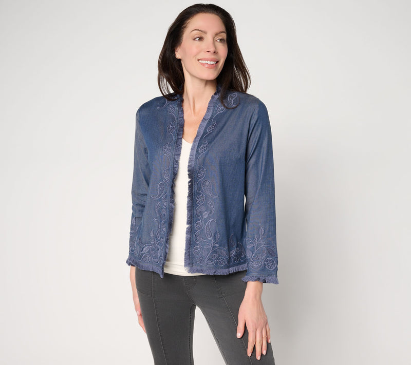 Susan Graver Stretch Chambray Embroidered Topper — View 11