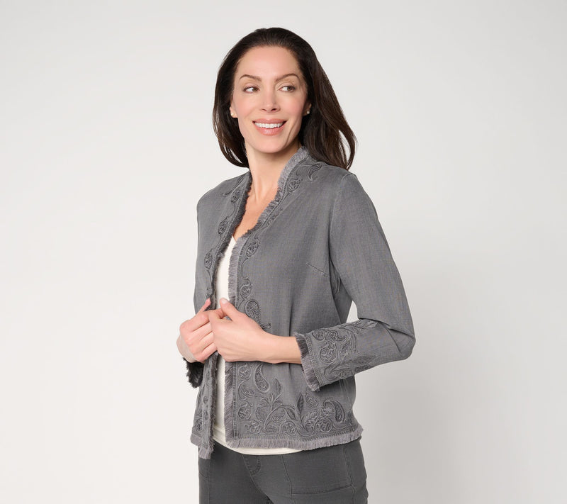 Susan Graver Stretch Chambray Embroidered Topper — View 12