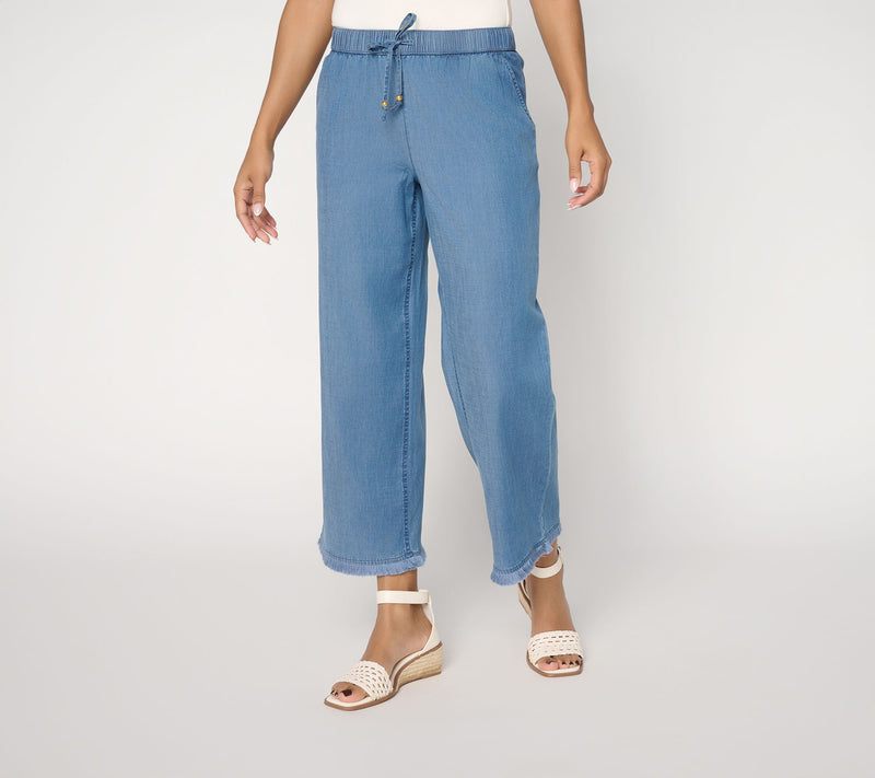 Susan Graver Regular Stretch Crop Chambray Wide Leg Crop Pants w/ Fringe — Main view