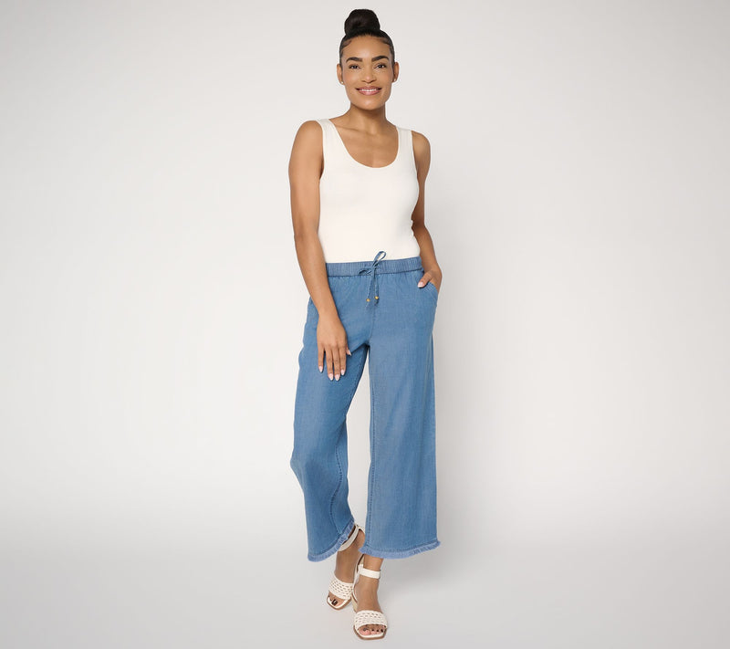 Susan Graver Regular Stretch Crop Chambray Wide Leg Crop Pants w/ Fringe — View 5