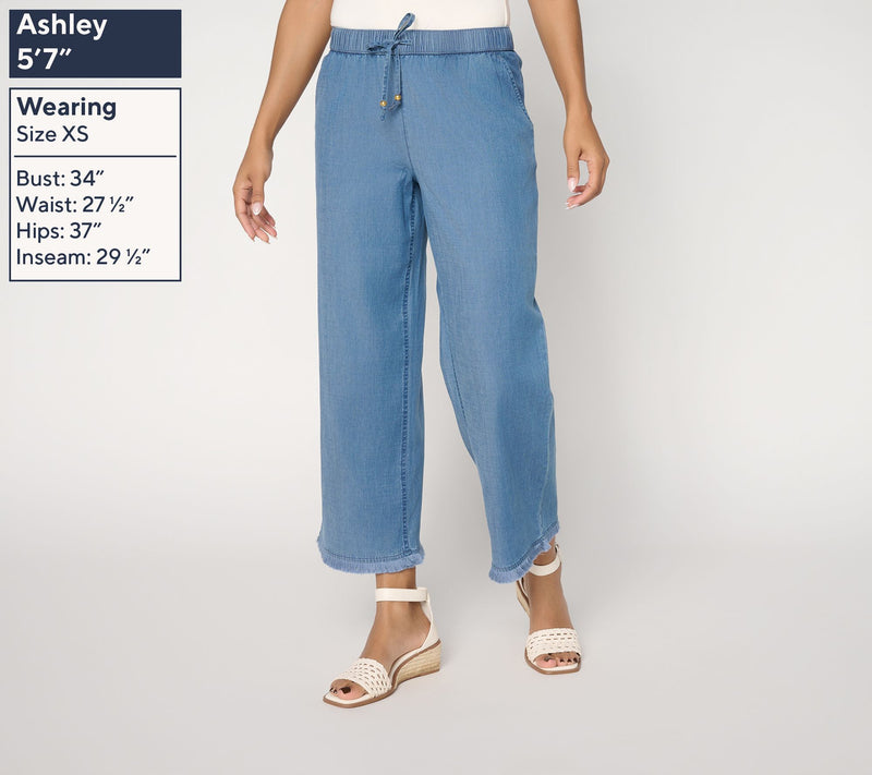 Susan Graver Regular Stretch Crop Chambray Wide Leg Crop Pants w/ Fringe — View 3