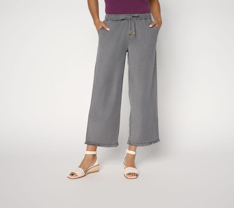 Susan Graver Regular Stretch Crop Chambray Wide Leg Crop Pants w/ Fringe — View 12
