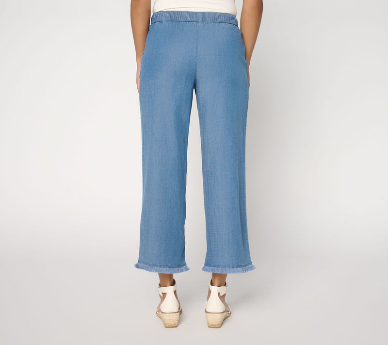 Susan Graver Petite Stretch Chambray Wide Leg Crop Pants w/ Fringe — View 4