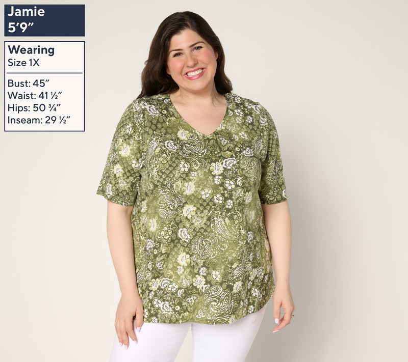 Denim & Co. Regular Print or Solid Elbow Sleeve V-Neck Tunic — View 2