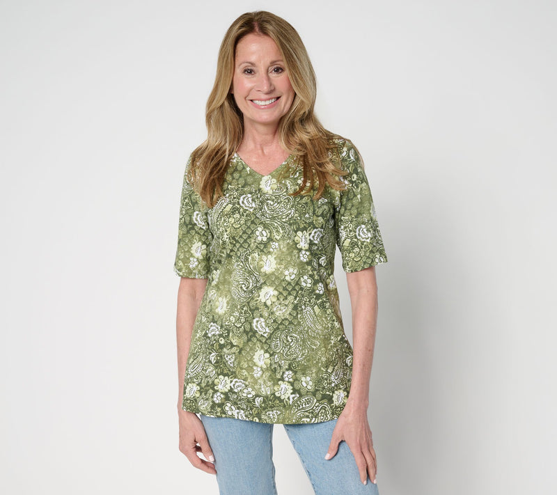 Denim & Co. Petite Print or Solid Elbow Sleeve V-Neck Tunic — View 13