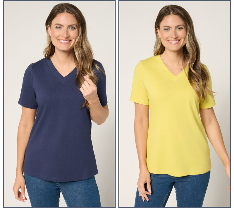 Denim & Co. Essentials True Cotton 2-Pack V-Neck Tops — View 11