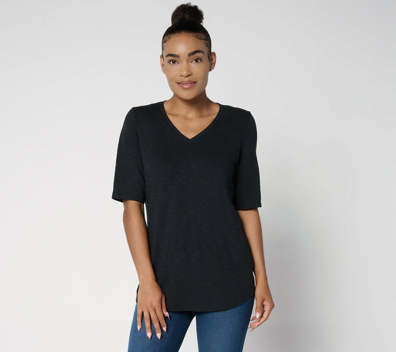 Denim & Co. Essentials Slub Jersey Elbow Sleeve V-Neck Top — View 16