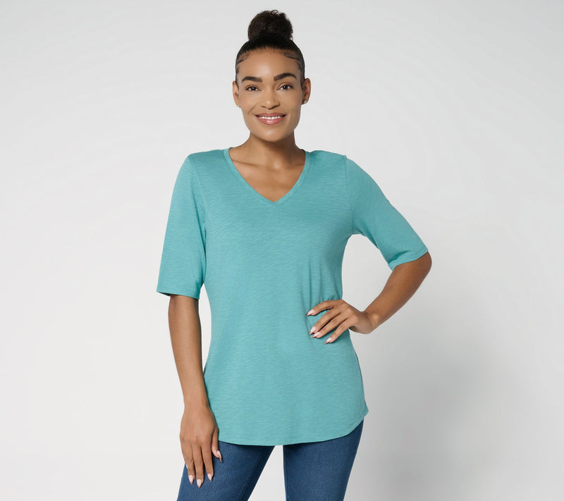 Denim & Co. Essentials Slub Jersey Elbow Sleeve V-Neck Top — View 17