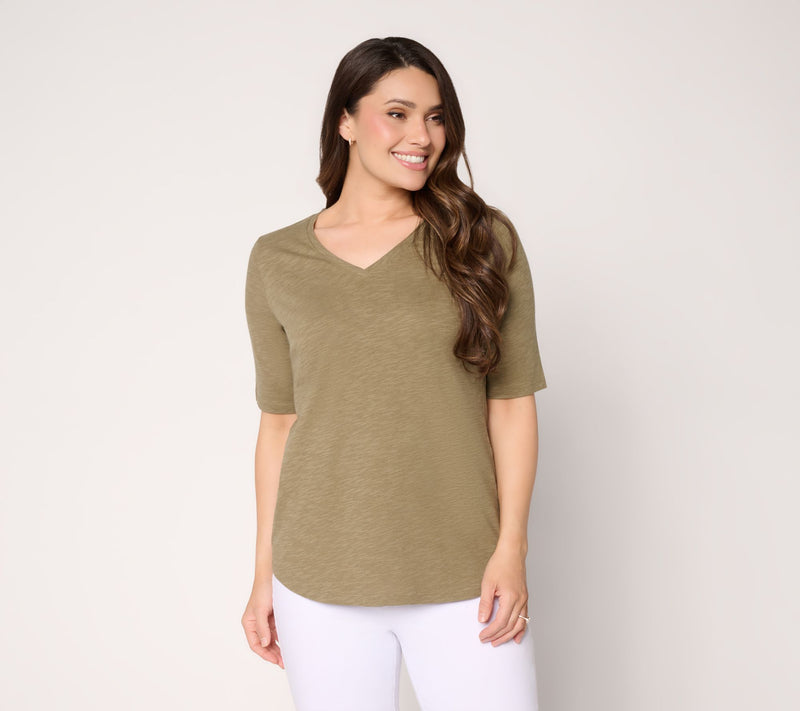 Denim & Co. Essentials Slub Jersey Elbow Sleeve V-Neck Top — View 18