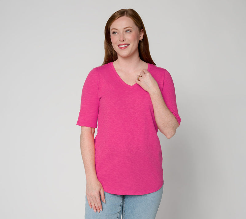 Denim & Co. Essentials Slub Jersey Elbow Sleeve V-Neck Top — View 3