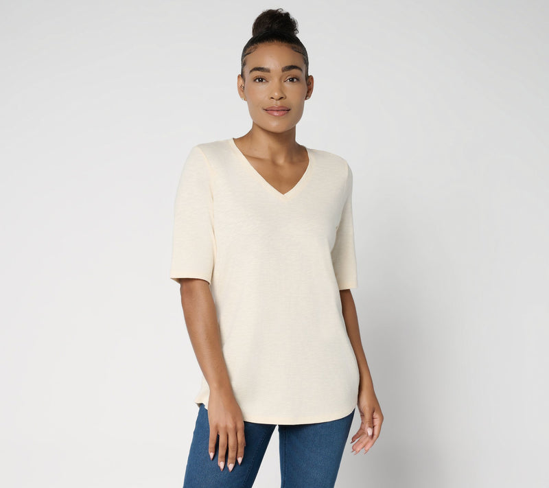 Denim & Co. Essentials Slub Jersey Elbow Sleeve V-Neck Top — View 20