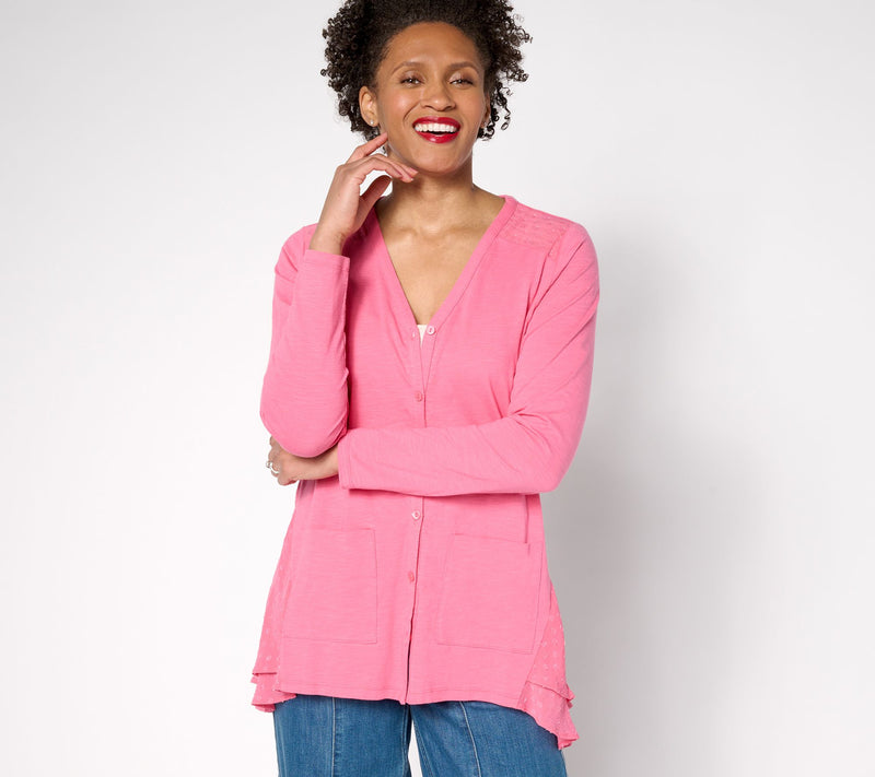 LOGO by Lori Goldstein Petite Knit Cardigan with Clip Dot Trim — View 9