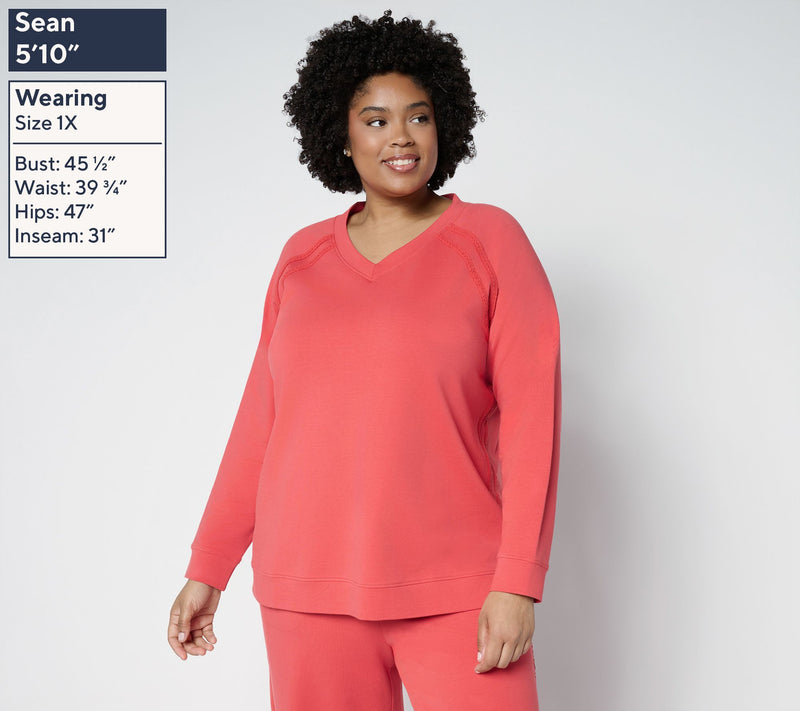 Denim & Co. Active French Terry V-Neck Pullover with Side Trim — View 2