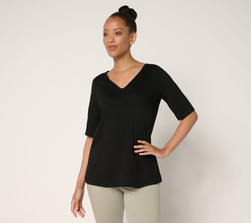 Belle by Kim Gravel Jersey Elbow Sleeve V Neck Top — View 15