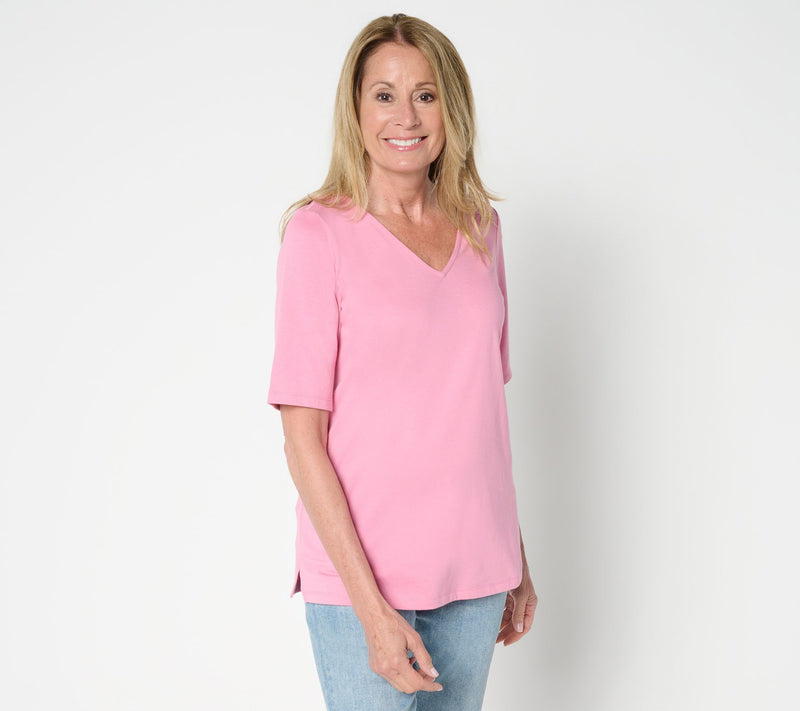 Belle by Kim Gravel Jersey Elbow Sleeve V Neck Top — View 5
