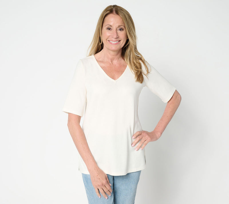 Belle by Kim Gravel Jersey Elbow Sleeve V Neck Top — View 3