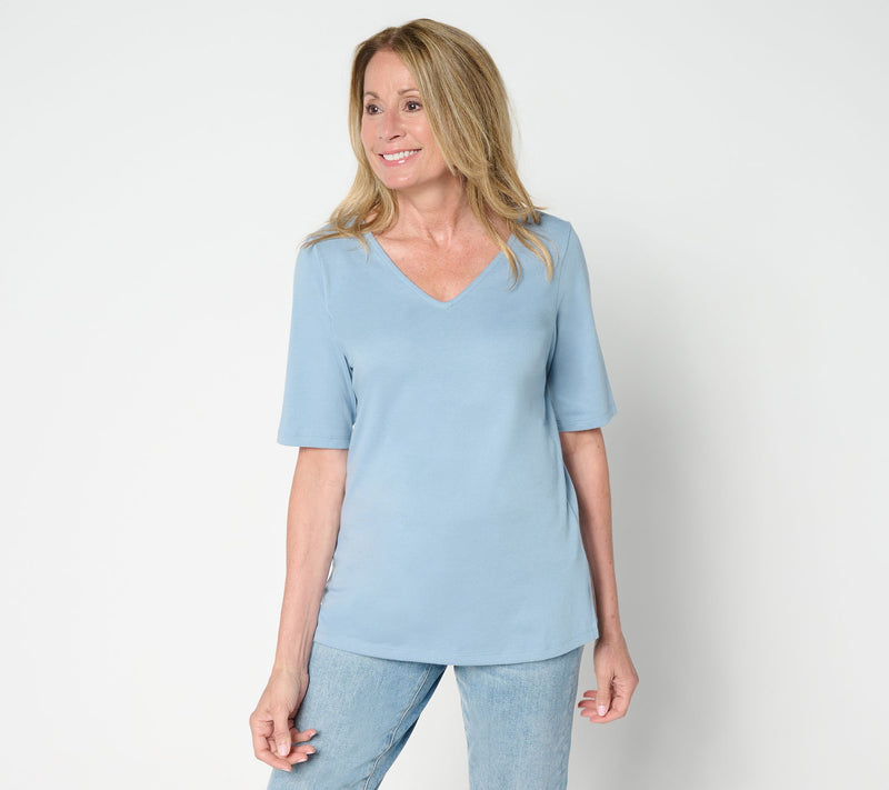 Belle by Kim Gravel Jersey Elbow Sleeve V Neck Top — View 7