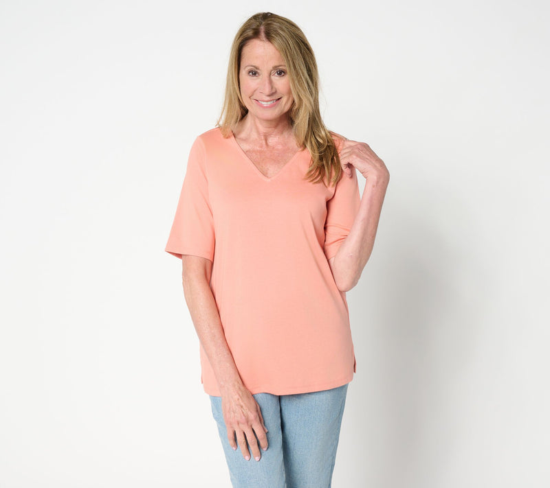 Belle by Kim Gravel Jersey Elbow Sleeve V Neck Top — View 11