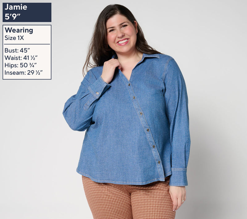 Peace Love World Asymmetric Placket Denim Shirt — View 2