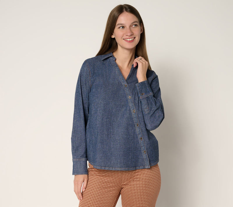 Peace Love World Asymmetric Placket Denim Shirt — Main view