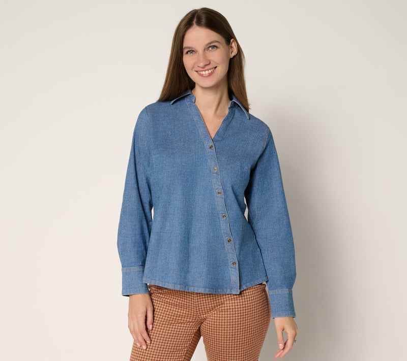 Peace Love World Asymmetric Placket Denim Shirt — View 11