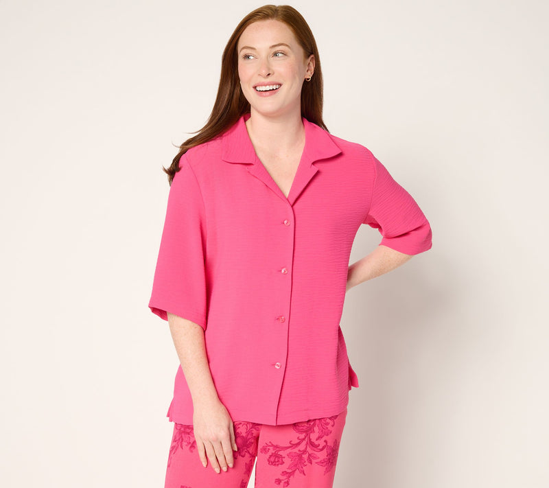 Women with Control Woven Button Front Cabana Shirt — View 12