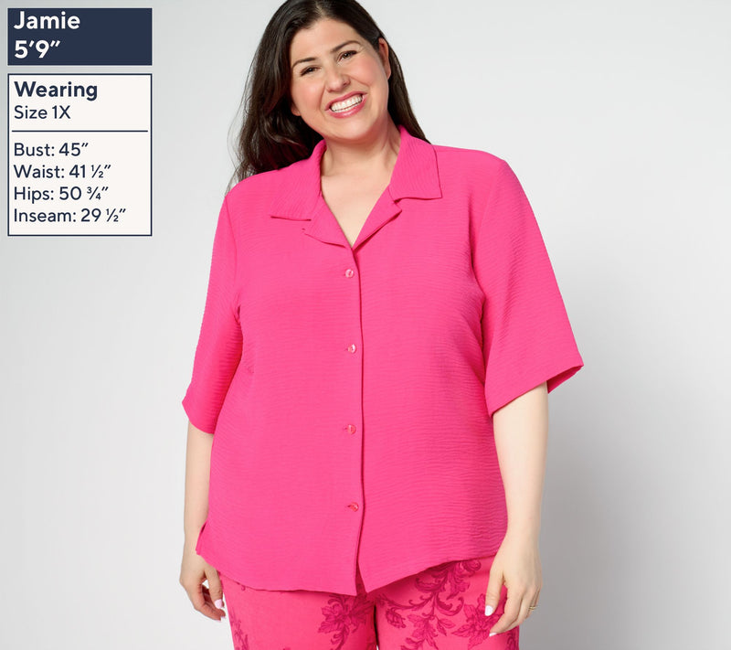 Women with Control Woven Button Front Cabana Shirt — View 2