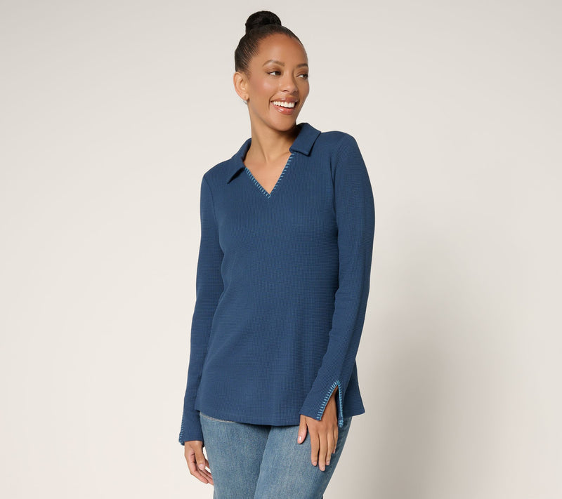 Belle by Kim Gravel Baby Waffle Blanket Stitch Polo Collar Top — View 14