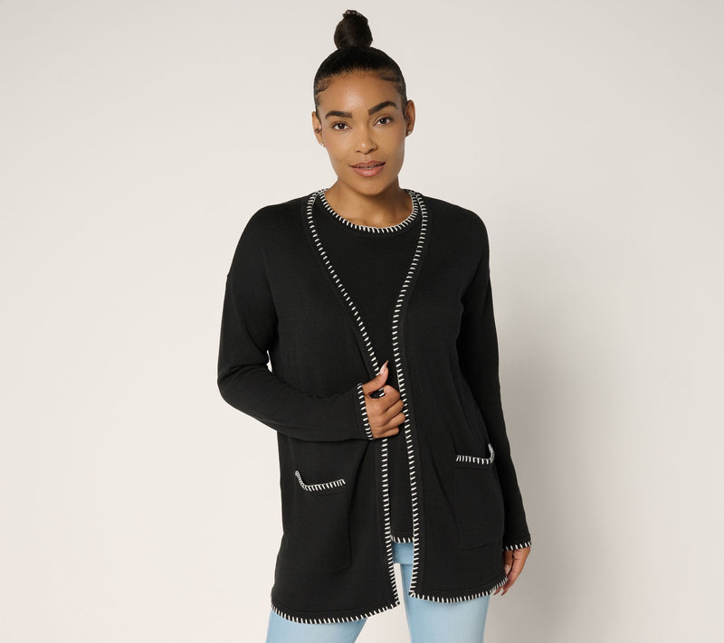 Belle by Kim Gravel Regular Blanket Stitch Open Front Tunic Cardigan — View 5