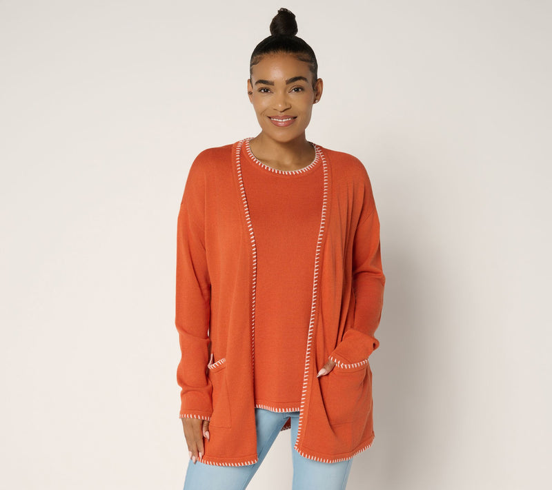 Belle by Kim Gravel Regular Blanket Stitch Open Front Tunic Cardigan — Main view