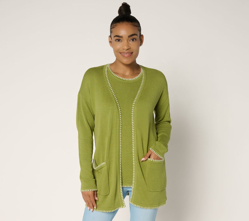 Belle by Kim Gravel Regular Blanket Stitch Open Front Tunic Cardigan — View 9